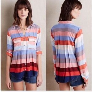 Anthropologie Maeve Womens 0 Wynwood Striped Colorblock Button Down Shirt FLAW